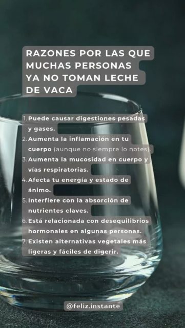 ¿Sientes fatiga, niebla mental o bajones de ánimo… pero no sabes por qué?

Tal vez lo que comes (o bebes) tenga más que ver de lo que imaginas.

Muchas personas han dejado la leche de vaca, no por moda, sino por conciencia.

🧠 Porque su consumo puede alterar tu digestión y, con ella, tu estado emocional.

‍ Porque genera inflamación en personas sensibles, afectando tu vitalidad diaria.

🧬 Porque puede interferir en la absorción de hierro, zinc, magnesio y vitamina D…
nutrientes que tu cuerpo necesita para mantenerse fuerte y en equilibrio.

📌 Comparte este reel con quien aún consume leche de vaca y puede estar ignorando esto.

Sígueme @feliz.instante para más contenido que te invita a volver a ti desde el cuerpo y la
consciencia.

Un gusto acompañarte ❣️Namaste
.
.
.
#AlimentacionConsciente #BienestarEmocional #inflamacion